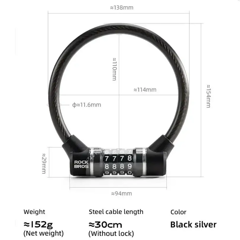 Rockbros 4-Digit Combination Steel Cable Bicycle Lock by Habicare