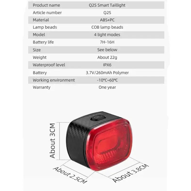 Smart Bicycle Rear Light with Auto Brake Sensing (IPX6 Waterproof) by Habicare