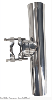 Rod Holder Tournament 32mm Rail Mount stainless steel rod holder for boat rails 25mm–32mm, durable and versatile.