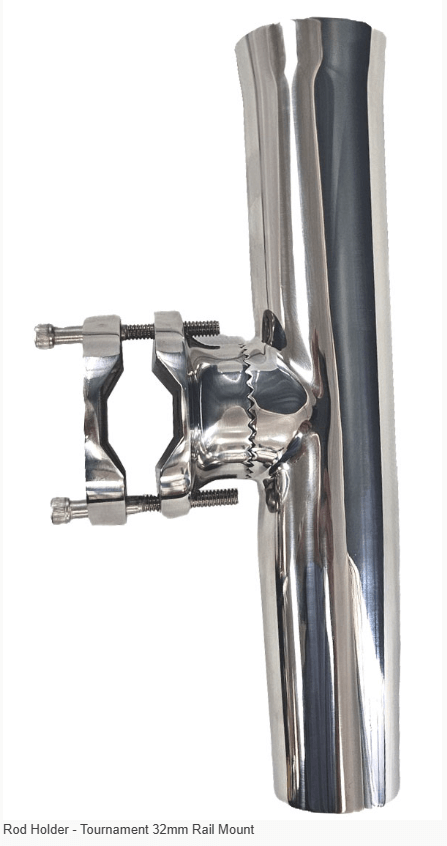 Rod Holder Tournament 32mm Rail Mount stainless steel rod holder for boat rails 25mm–32mm, durable and versatile.
