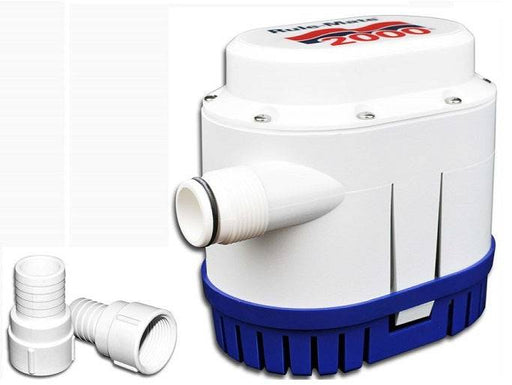 Rule-Mate Fully Automated Bilge Pump 2000GPH 24V with connector fittings and blue base for marine use.