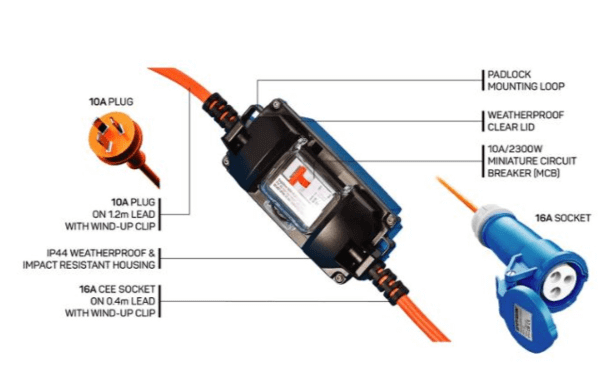 230V Power Adapter Weatherproof 10amp to 16amp with MCB and weatherproof housing for outdoor use