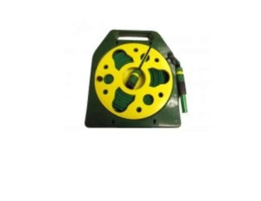 Flat Hose On Reel Easy to wind in 15m with green and yellow design, compact and portable for motorhome or caravan use.