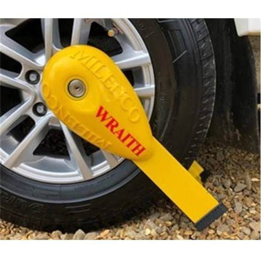 Milenco Wraith 2 Caravan Wheel Lock securing a caravan wheel with high-quality steel construction.