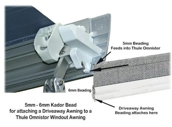 Vango drive away kador strip image showing 5mm and 6mm Kador bead for attaching awnings to Thule Omnistor.