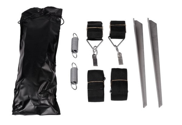 Thule awning hold down straps set including black straps, springs, and stakes for securing awnings in windy conditions.