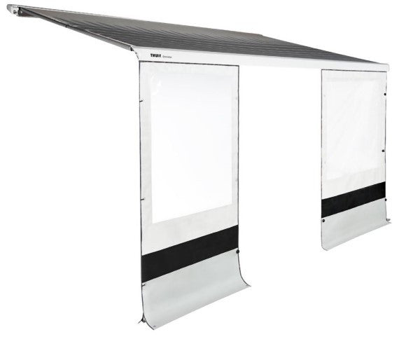 Thule rain blocker front panel 1.5m Long x 2.3m High installed on an awning for wind and rain protection.