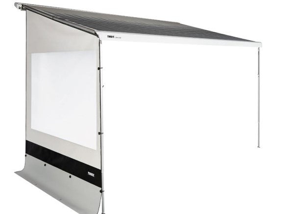 Thule Rain Blocker G2 Side Privacy Panel installed on a Thule 9200 awning, providing wind and rain protection.