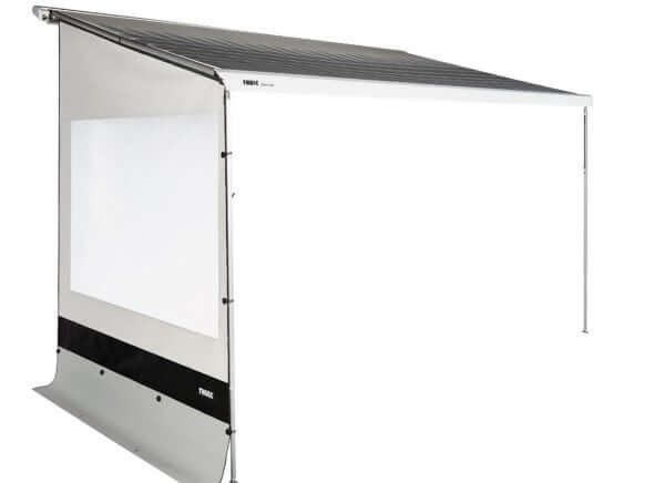 Thule Rain Blocker G2 Side Privacy Panel installed on a Thule 9200 awning, providing wind and rain protection.