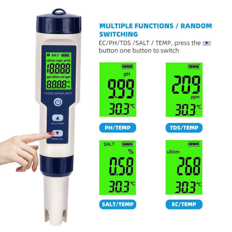 5 in 1 Pen Meter PH EC TDS Salinity Temp LCD Digital Water Quality Monitor Test by salelink.co.nz