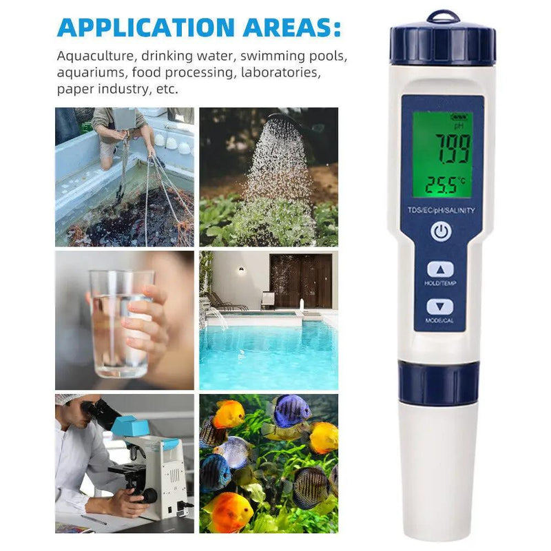 5 in 1 Pen Meter PH EC TDS Salinity Temp LCD Digital Water Quality Monitor Test by salelink.co.nz