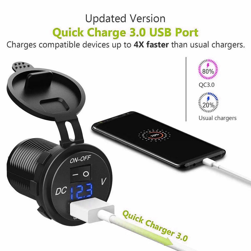12V/24V QC 3.0 USB Fast Charger Socket Outlet On&amp;Off Switch For Car Motorcycle by salelink.co.nz