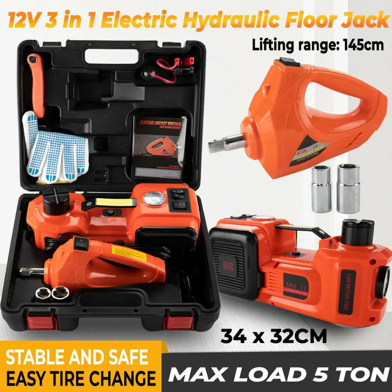 5Ton 12V Car Electric Hydraulic Floor Jack Lift + Impact Wrench Kit Box 3 in 1 by salelink.co.nz