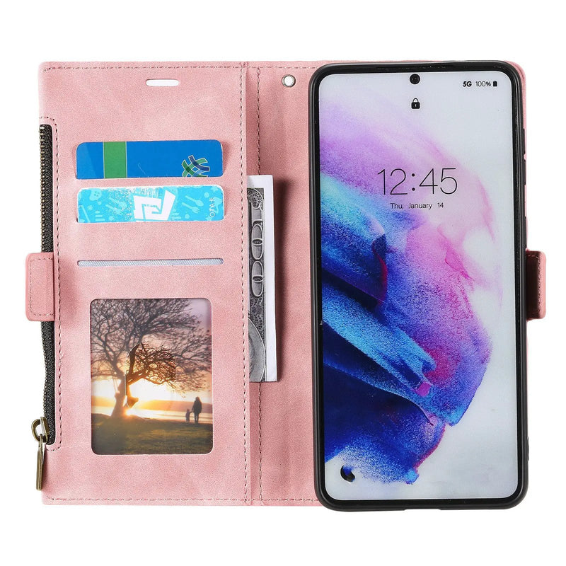 Samsung S21 Wallet Case Pink PU Leather Dual Layer Card Slots