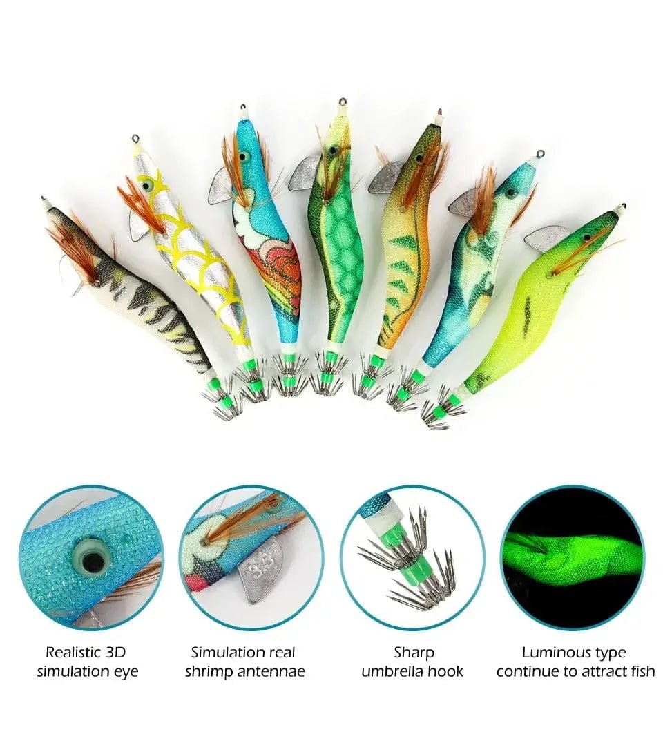 China China Saltwater Squid Jigs Slow Jigging Wooden Shrimp Lures Luminous Bait Fishing Cuttlefish Lure with Noctilucent Explosive Hook