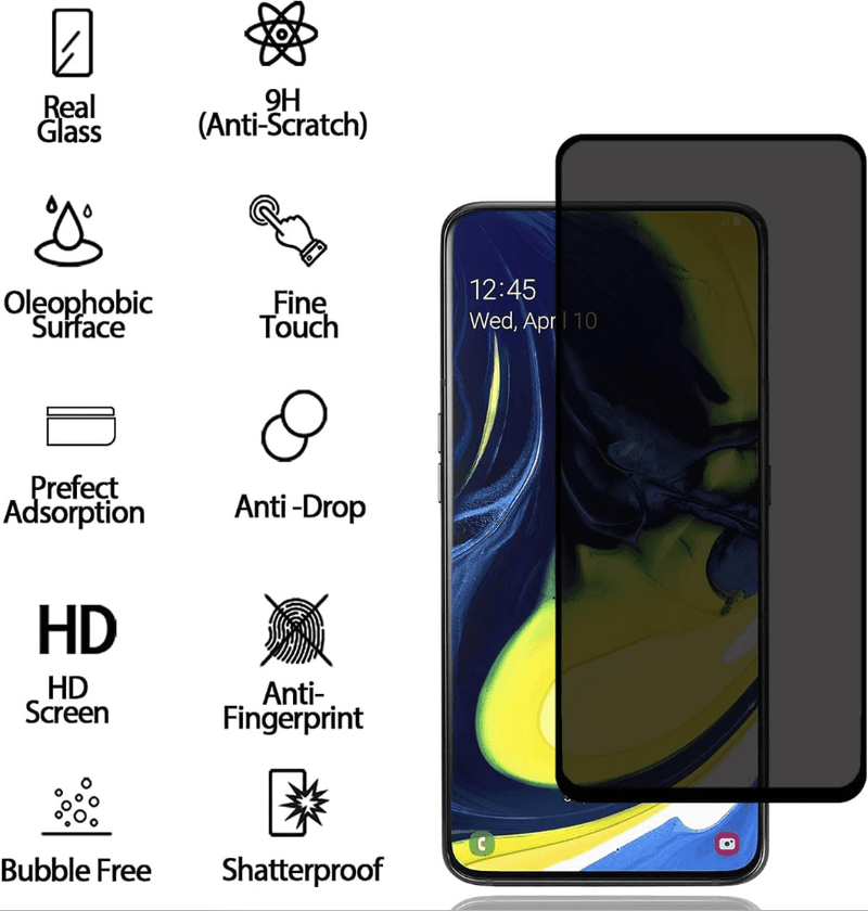 techplus Screen protector Samsung Galaxy A80 Privacy Tempered Glass Screen Protector – 9H HD Anti-Spy, 2.5D Rounded Edge, Impact & Scratch Resistant Samsung Galaxy A80 Privacy Glass Screen Protector