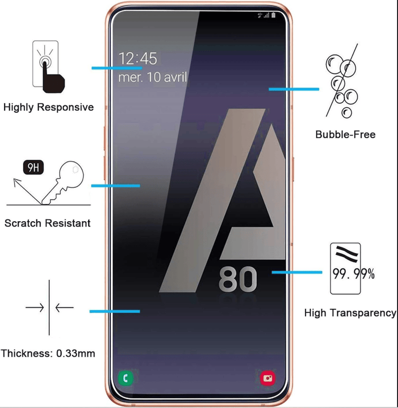 techplus Samsung Galaxy A80 Tempered Glass Screen Protector 2 Pack 9H HD Clear Samsung Galaxy A80 Tempered Glass Screen Protector