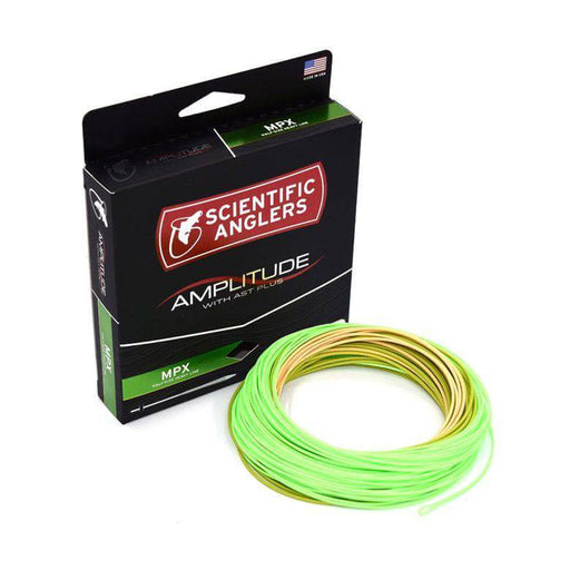 S.A. Amplitude MPX fly line packaging with textured floating line in green and gold.