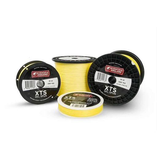 S.A. Backing – XTS Gel Spun PE in yellow, featuring various spools of micro-diameter gel-spun polyethylene.