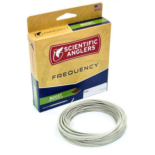 S.A. Frequency Boost fly line packaging, featuring a half-size heavy floating design for improved casting performance.
