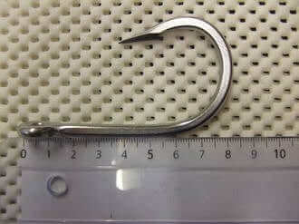 Game hook 10/0 Stainless displayed next to a ruler for size reference.