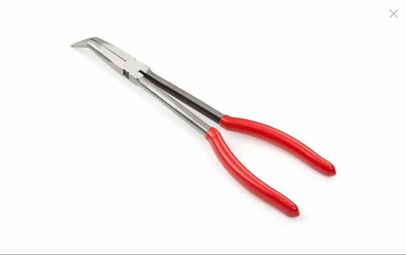 11inch Bent Fishing Pliers with red handles, designed for excellent reach and torque in fishing.