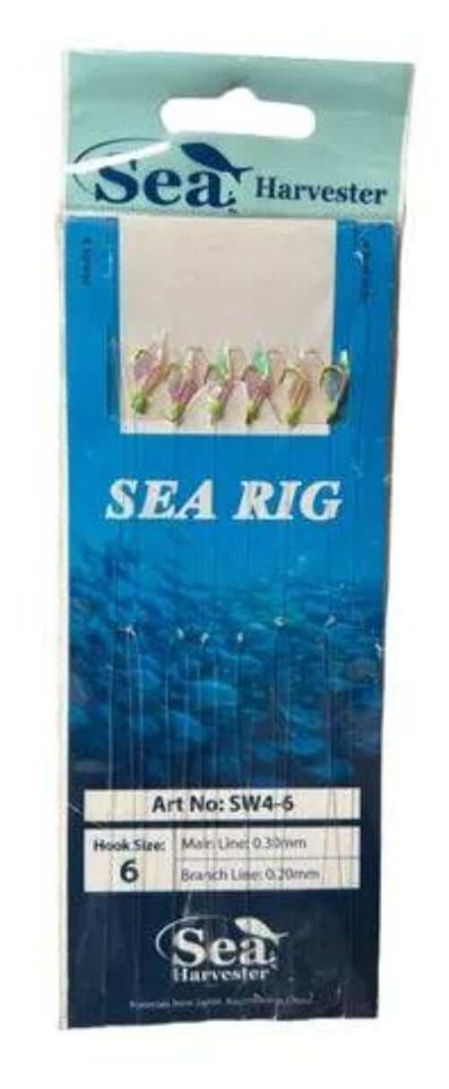 Sea Harvester Sabikis packaging featuring six hook rig design for bait fishing.
