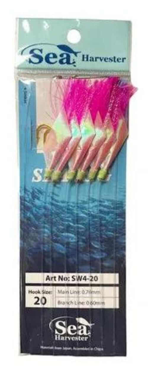 Sea Harvester Sabikis bait jigs pack with six pink hooks for catching bait.