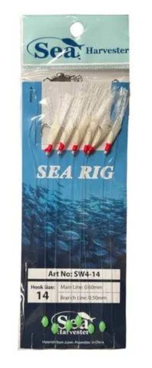 Sea Harvester Sabikis product packaging showing six hook rig for fishing bait.