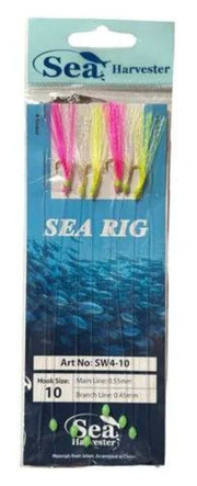 Sea Harvester Sabikis pack featuring colorful jigs ready for fishing bait, size 10 with main line specifications.