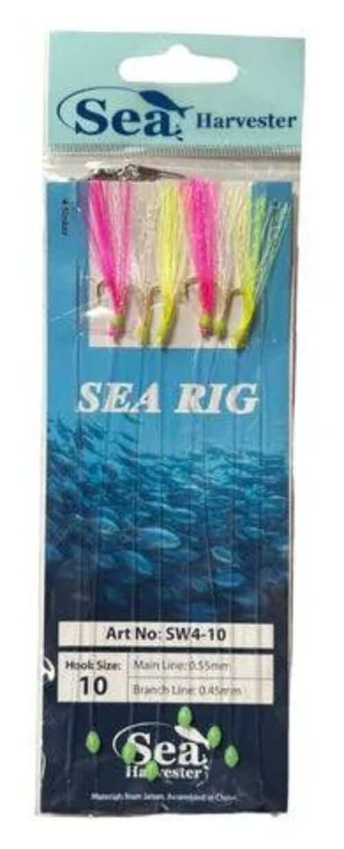 Sea Harvester Sabikis pack featuring colorful jigs ready for fishing bait, size 10 with main line specifications.