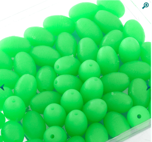 Lumo Beads Green Med Bulk qty 60 luminous fishing beads in vibrant green color for attracting fish in low-light conditions.