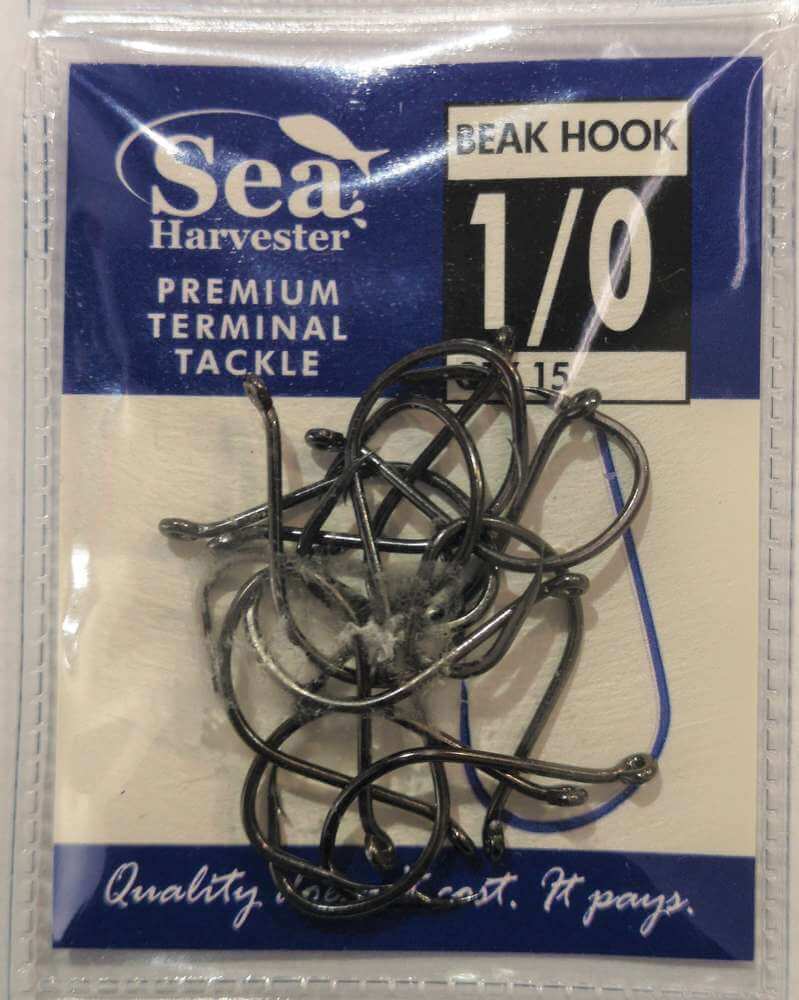 Sea Harvester Black beak hook 1/0 pkt 15 packaging with hooks for fishing tackle.