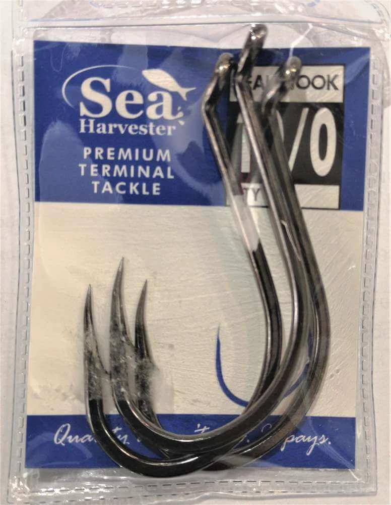 Sea Harvester Black beak hook 10/0 pkt 3 self-setting hooks in package designed for fishing.