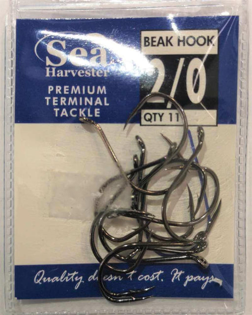 Sea Harvester Black beak hook 2/0 pkt 11 premium fishing hooks in packaging.