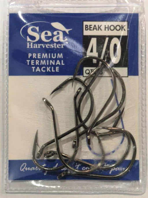 Sea Harvester Black beak hook 4/0 pkt 8 in packaging showcasing strong, lightweight fishing hooks for mouth hooking fish.