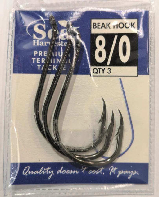 Sea Harvester Black beak hook 8/0 pkt 3 self-setting fishing hooks with chemically sharpened points.