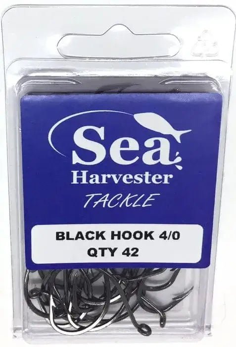 Black Beak Hook 4/0 Bulk 42 product packaging with hooks inside from Sea Harvester.