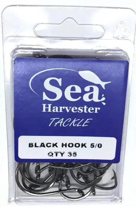 Black Beak Hook 5/0 Bulk 35 pack showing quantity of 35 strong and lightweight fishing hooks in a retail package.