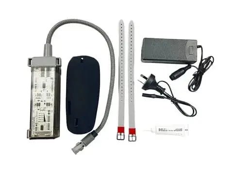 Sea Harvester Electric Reel Battery 12 Ah 14.8 Volts and accessories including charger and cords.