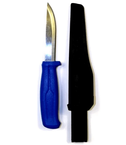 BAIT KNIFE BLUE with a blue handle and black sheath, perfect for fishing and bait preparation.