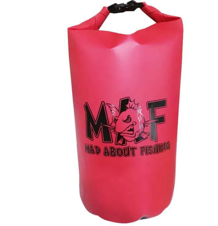 Mad About Fishing Dry Bag 50L - DRY50 in bright red with logo, designed to keep fishing gear dry.