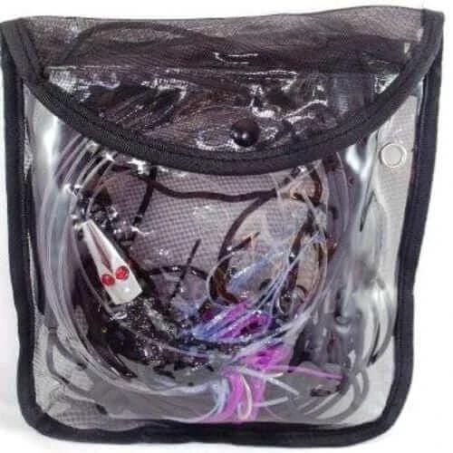Skippy Bungy Rig Pink - Rigged in a transparent storage bag showing colorful tails for fishing.