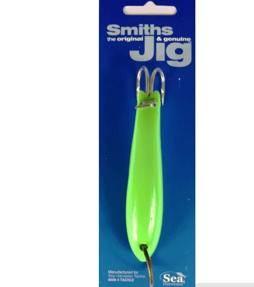 Smiths Jig 4 Inch Green fishing lure featuring a vibrant green color and double hooks, ideal for Kahawai fishing.