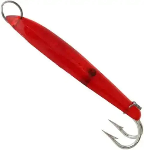 Smiths Jig 4 Inch Red fishing lure with a shiny red finish and a silver treble hook.