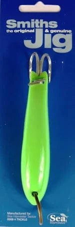 Smiths Jig 6 Inch Green fishing lure on display packaging.
