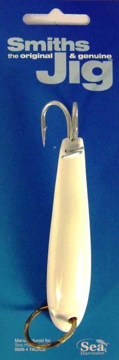 Smiths Jig White fishing lure with double hooks on packaging for effective Kahawai fishing in New Zealand.