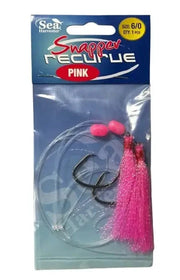 Snapper Recurve 6/0 Pink S-H fishing tackle packaging with hooks and pink lures.