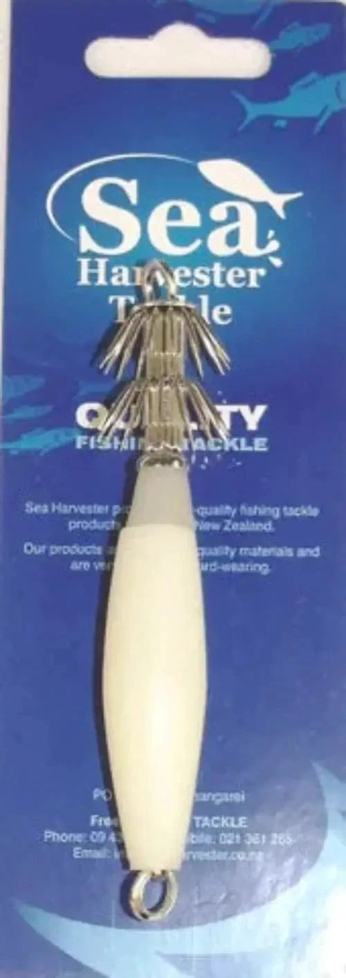 Lumo Squid Jig on packaging by Sea Harvester Tackle, featuring high-quality fishing tackle for effective squid fishing.