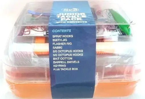 Tackle Box 1 Tray Junior Mixed Tackle with contents including hooks, jig, bait cotton, and tackle box.